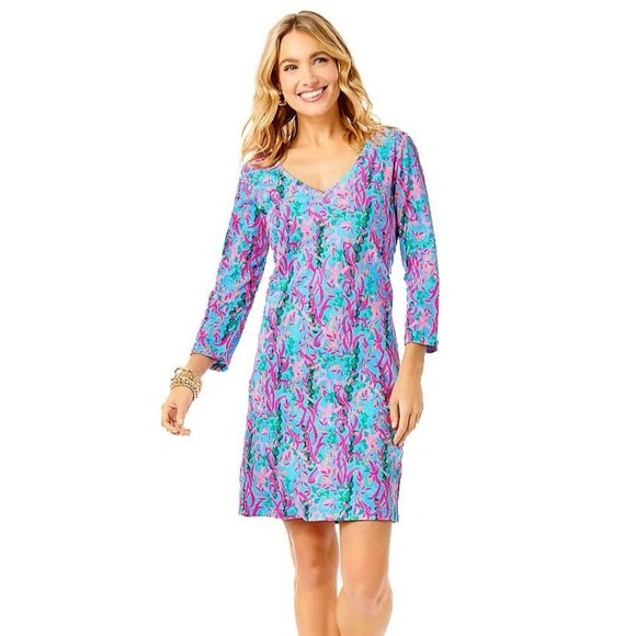 Lilly Pulitzer Dresses & Skirts - Lilly Pulitzer Tessa Dress XL Seaweed Samba V Neck 3/4 Sleeve Pink Blue Green